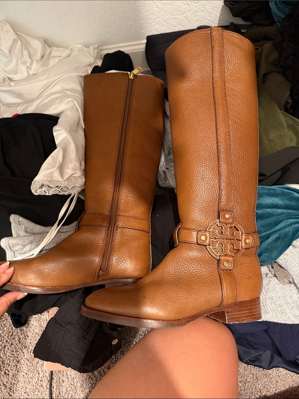 Tory Burch Tall Cognac Leather Riding Boots with Logo Medallion - Picture 2 of 4